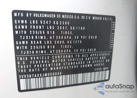 2018 Volkswagen Tiguan z USA, uszkodzony, nr VIN 3VV3B7AXXJM050044